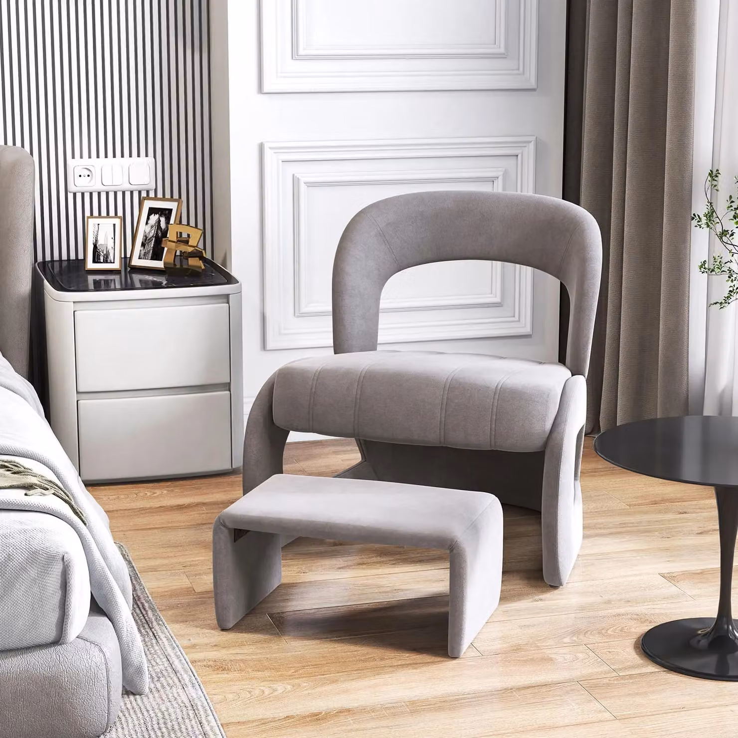 Gymax Grey Velvet Accent Chair with Ottoman and Curved Back – 3