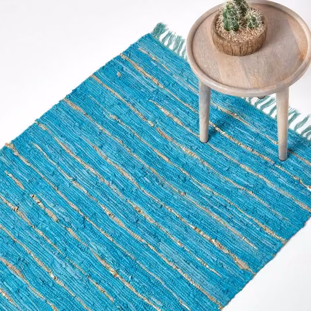 Homescapes Leather Glitter Patchwork Rug in Gold, Turquoise and Silver, 200 cm