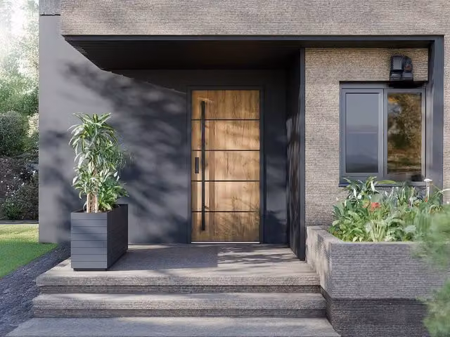 Vente-unique Modern Solid Steel and Stainless Steel Front Door with Glass Insert in Light Oak, H: 207 cm, W: 100 cm – 1
