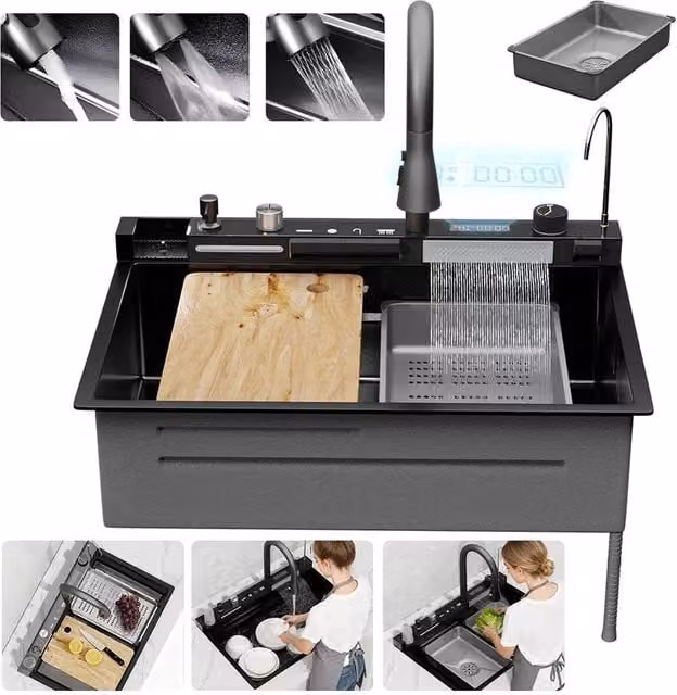 KORVIXA Waterfall Kitchen Sink in Black Stainless Steel