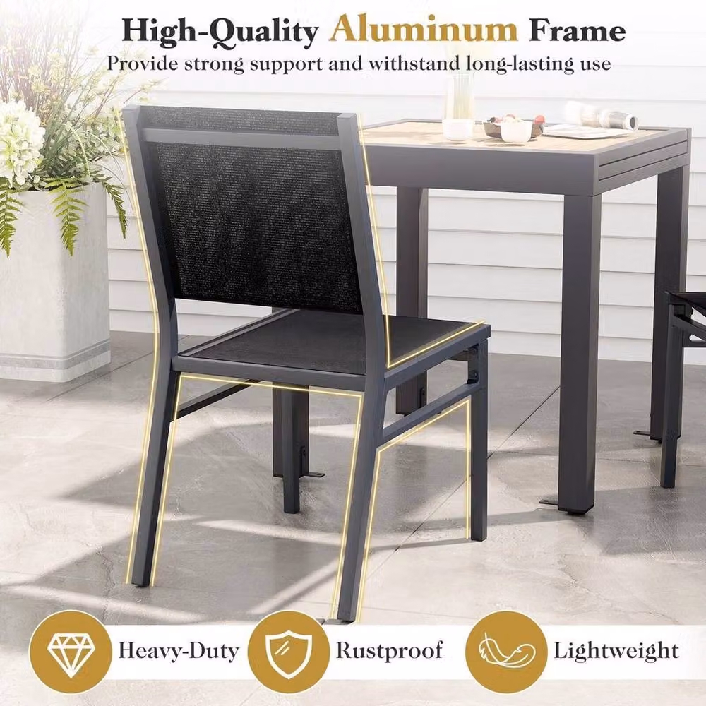 KORVIXA Modern Matt Black Aluminium Outdoor Dining Armless Patio Chairs – 5