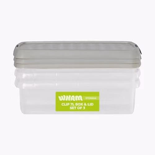 Wham 3 x 7L Rectangular Stackable Plastic Storage Boxes with Lids, Clear and Beige