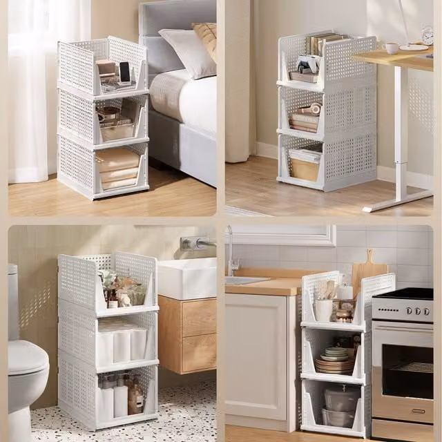SONGMICS Set of 4 Foldable and Stackable White Closet Organiser Storage Baskets