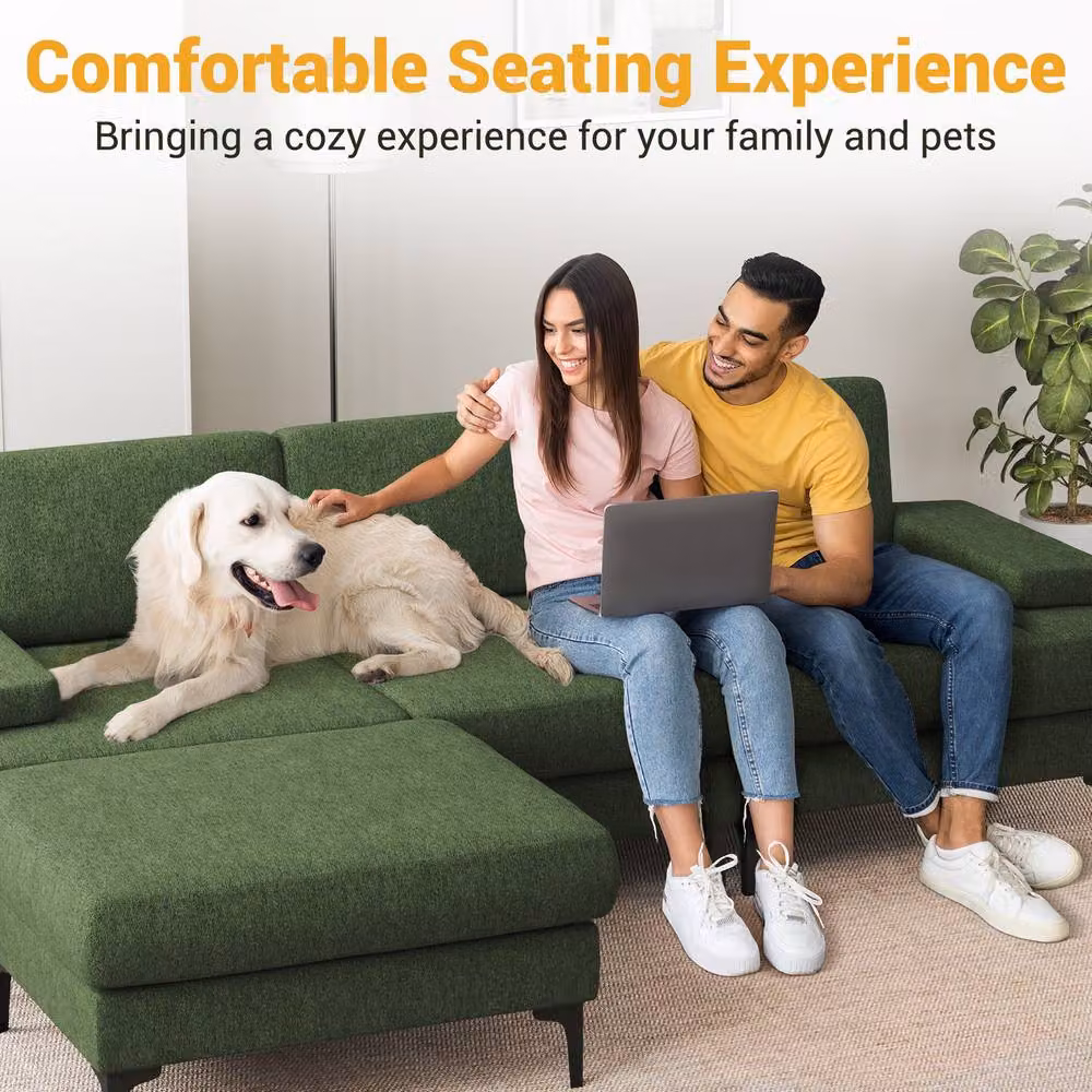 Dprodo 2-Pack Green Chenille L-Shape Corner Sofa Set, 4 Seater Modern Upholstered Couch – 4