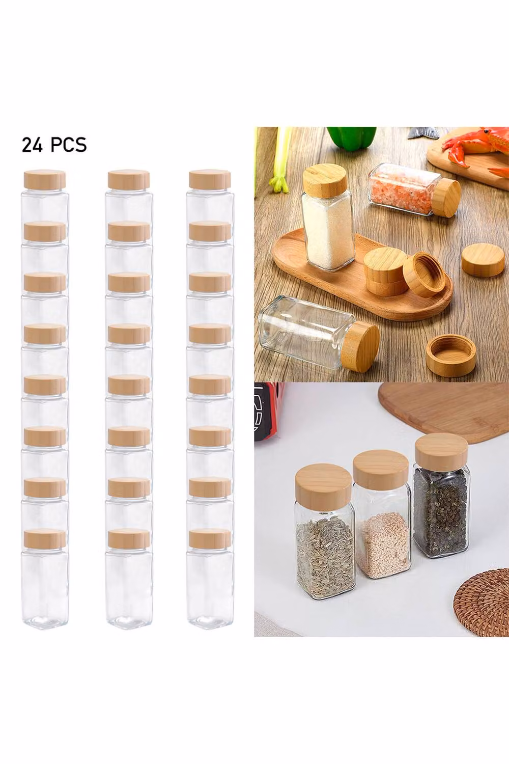 ExtraStar 24-Piece Set of Airtight Glass Spice Jars with Bamboo Lids, 120ml each, Clear – 4