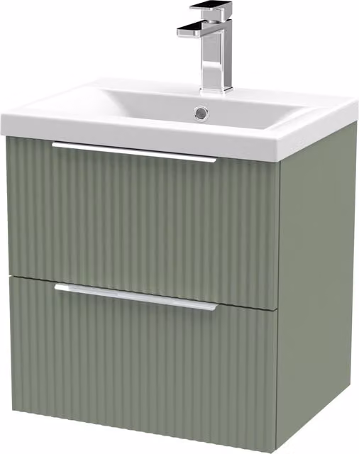Balterley Fluted Wall Hung 2 Drawer Vanity Basin Unit and Basin, Satin Green, Width: 50 cm
