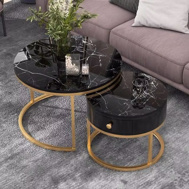 Merax Round Marble Effect Nesting Coffee Table Set of 2 with Drawer in Black and Gold – 1