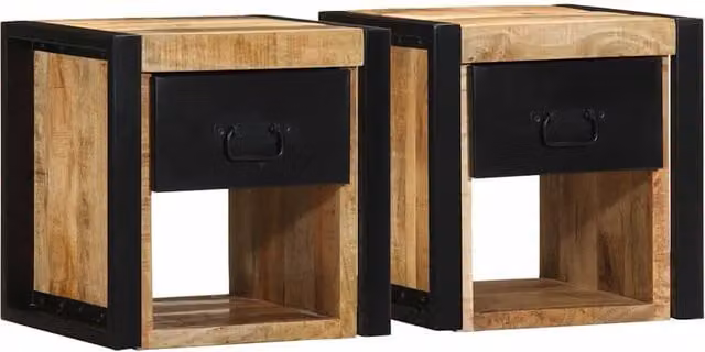 Berkfield Home Set of 2 Rustic Mango Wood Bedside Cabinets, Brown, W/D/H: 40 x 35 x 40 cm