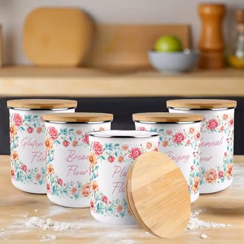 Purely Home Pink Roses Floral Enamel Plain Flour Canister, 2.7 l – 2