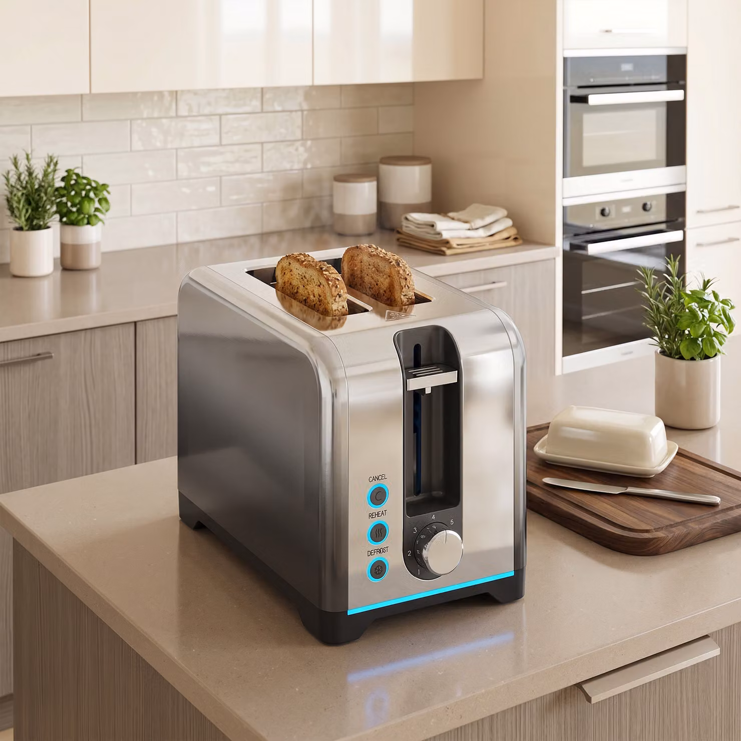 HOMCOM 2 Slice Stainless Steel Toaster in Silver with 7 Browning Levels, Reheat, Defrost and Cancel Functions – 7