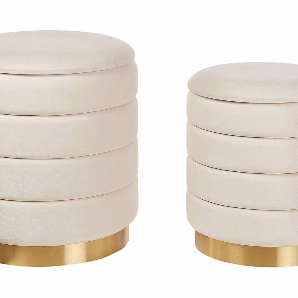 Wyld and Coco Set of 2 Beige Velvet Cylindrical Storage Pouffes with Gold Metal Base – 2