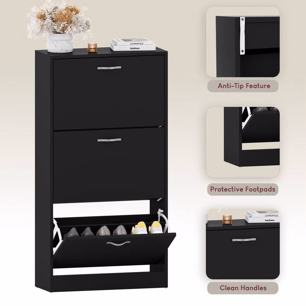 HD Designs Vida Designs Modern Black 3 Drawer Shoe Cabinet with Tilting Compartments – 3