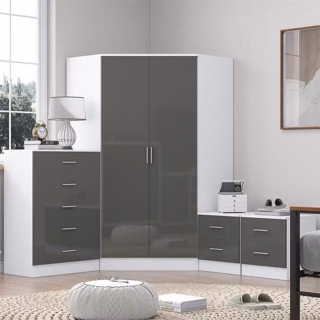 REFLECT Bedroom Furniture Bundle including Corner Wardrobe, Chest of Drawers and 2x 2-Drawer Bedside Tables in Grey Gloss and Matt White