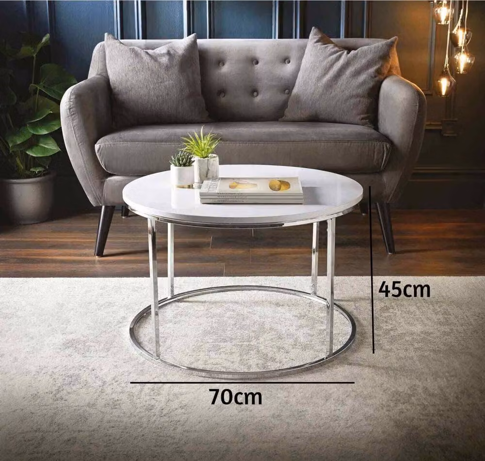 SPOT ON DEALZ Round High Gloss White Coffee Table with Chrome Metal Frame, W/D/H: 70 x 70 x 45.5 cm – 2