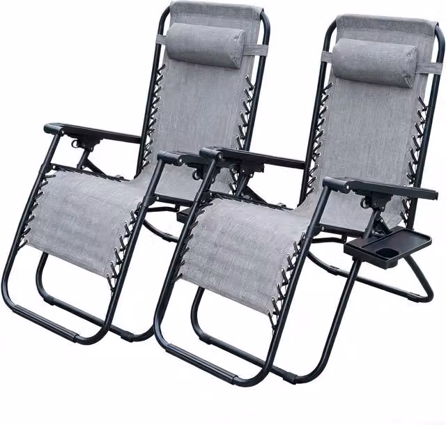 Alivio Set of 2 Grey Zero Gravity Reclining Sun Lounger Chairs with Cup Holders and Adjustable Headrests
