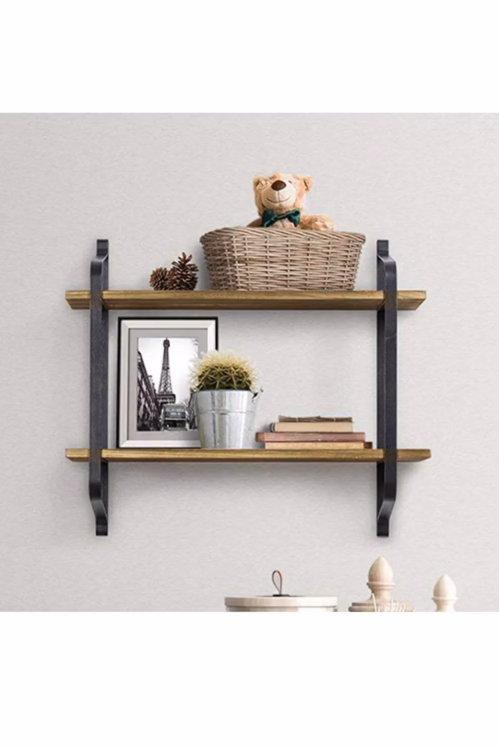 Livingandhome 2 Tier Retro Style Industrial Floating Wall Shelf in Black Metal and Wood – 2