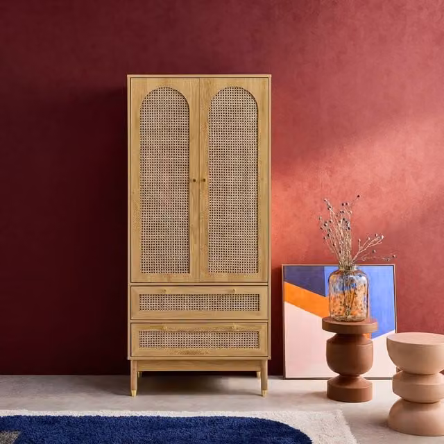 sweeek Boho Wardrobe with 2 Doors, 2 Drawers and Rattan Detail in Light Brown, H 180 x W 80 x D 50 cm