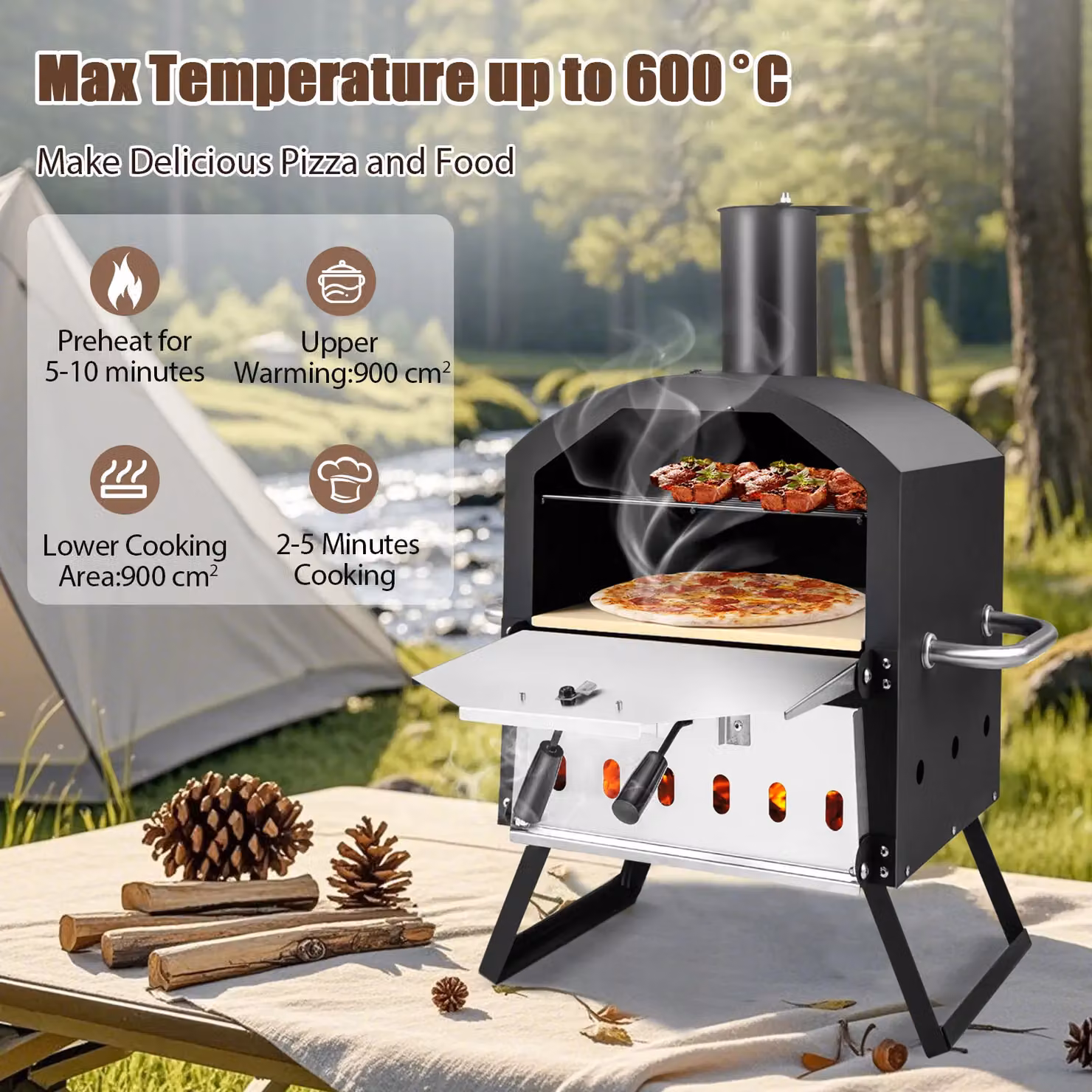 Costway 2-Layer Wood Fired Outdoor Pizza Oven and BBQ Grill with Stainless Steel, Black, W/D/H: 72.0 x 54.0 x 44.0 cm – 10