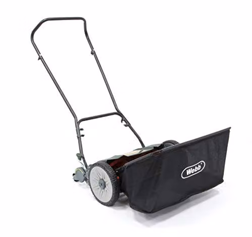 Webb WEH18 Contact Free Manual Cylinder Lawnmower in Green with Rear Roller, 9 Cutting Heights, 46cm Cutting Width and 22L Collection Bag – 1
