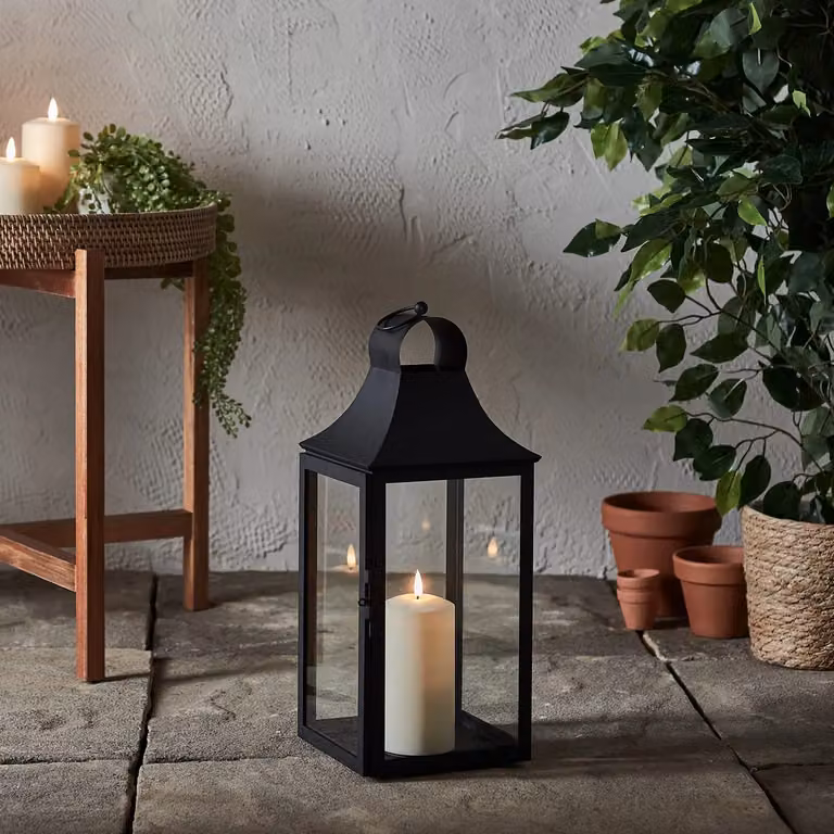 Albury Black Metal Garden Lantern with TruGlow Pillar Candle, Height: 45 cm