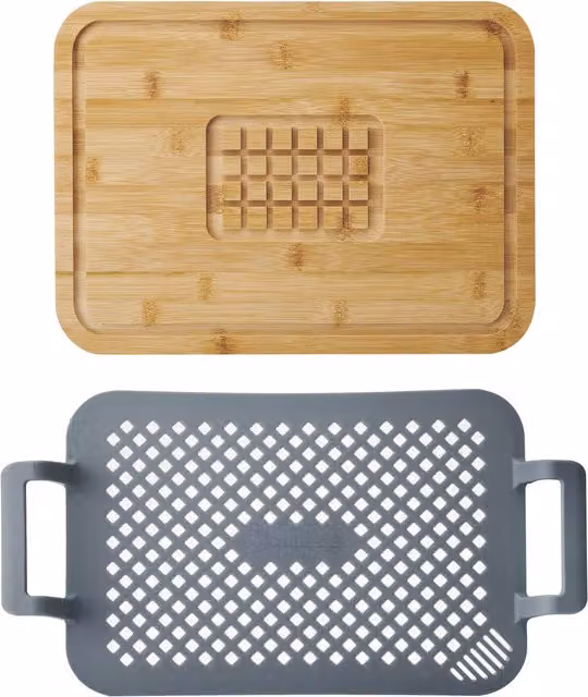 MasterClass Roast and Rest 2pc Set with Grey Silicone Rack and Rectangular Wood Resting Board