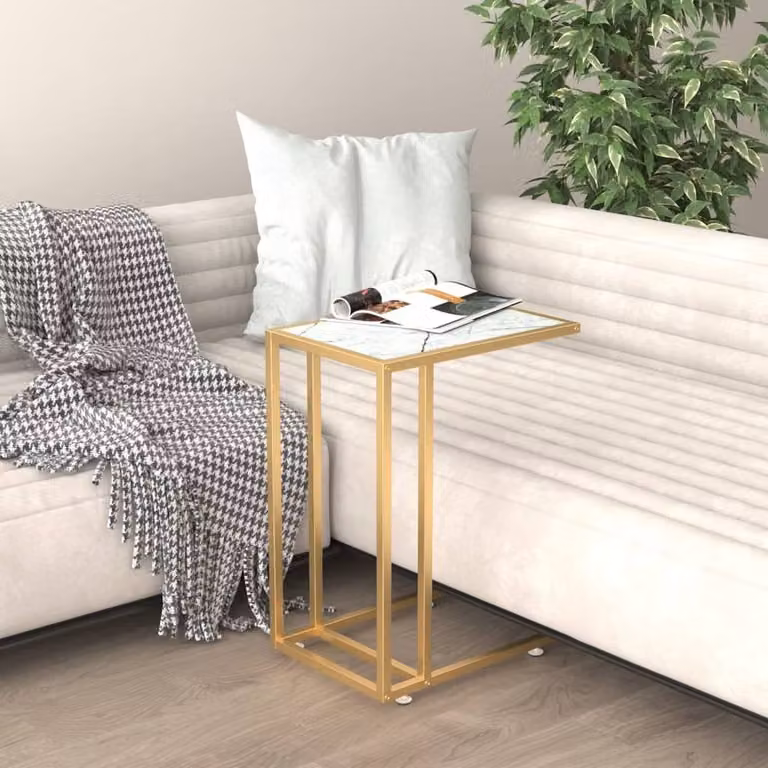 Berkfield Home Stylish Computer Side Table with White Marble and Gold Tempered Glass, W/D/H: 50 x 35 x 65 cm