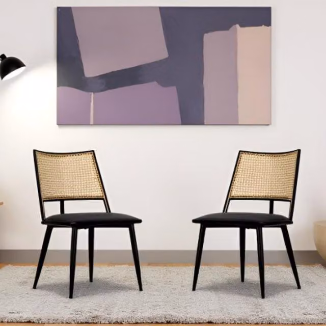 Furniture One Set of 2 Mid-Century Dining Chairs with Rattan Backrest and Upholstery in Black