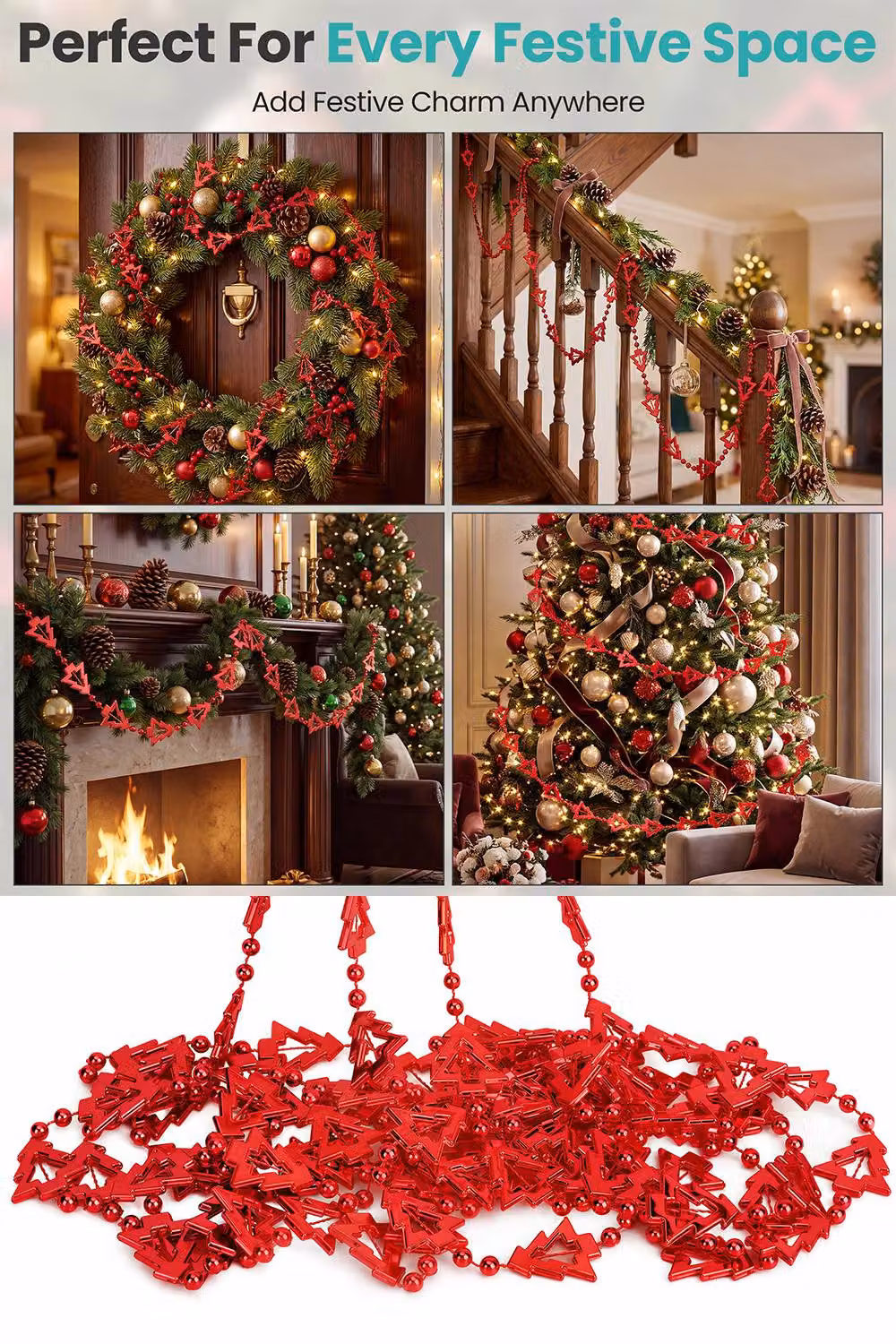 Neel Blue Red Metallic Christmas Tree Bead Garland, 5m Hanging Chain Decoration – 6