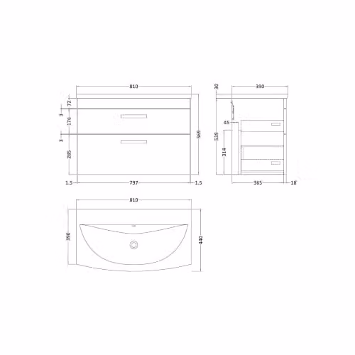 Balterley Millwich Wall Hung 2 Drawer Vanity Basin Unit in Gloss Grey, W/D/H: 81 x 39 x 46.1 cm – 2