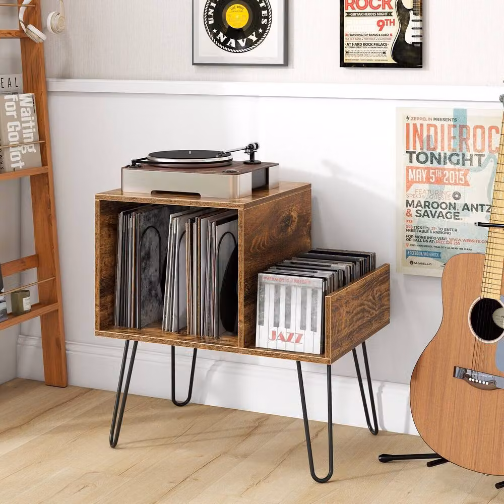 Gymax Modern Metal Turntable Stand and Record Player Display Shelf with Power Outlet in Sand Brown – 2