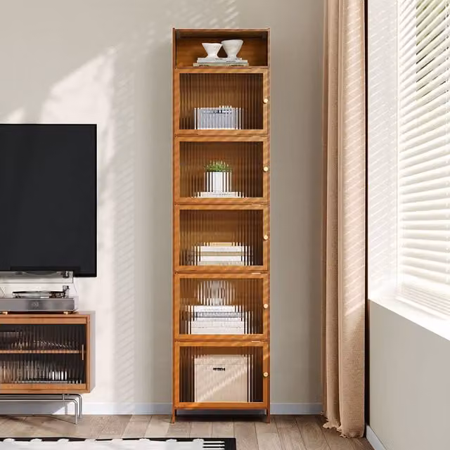 Livingandhome Modern Brown Wooden Storage Cabinet with Glass Doors and Internal Shelves, Height: 170 cm