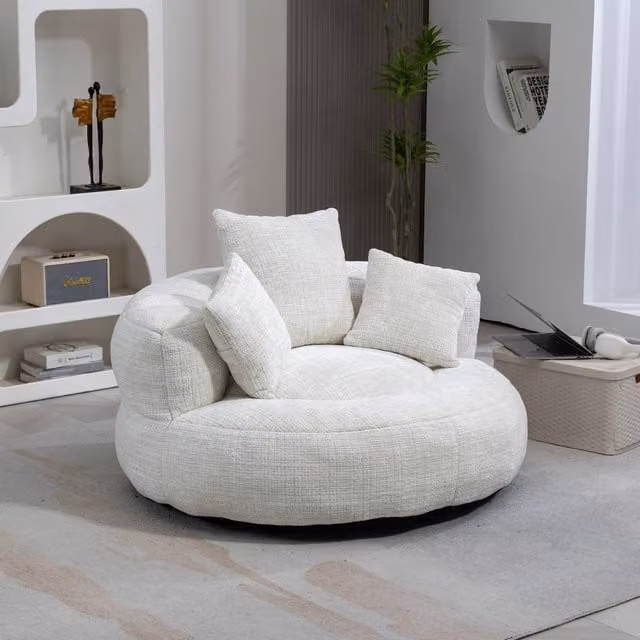 Aosom UK Modern Lazy Bean Bag Chair in Beige Chenille Fabric with Shredded Memory Foam, W/D/H: 108 x 108 x 52 cm