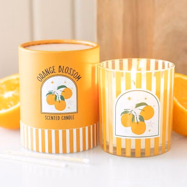 Uniqueful Orange Blossom Scented Candle, Striped Glass Votive, Orange