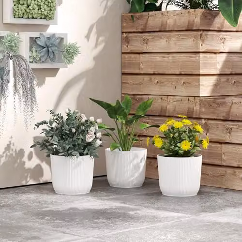 Outsunny Set of 3 White Plastic Round Plant Pots and Garden Planters, Diameter: 22 cm – 4