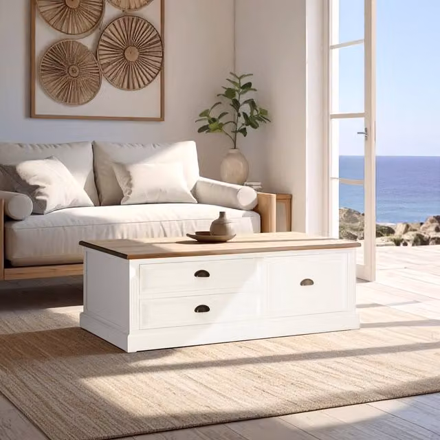 Fifty Five South Modern Rectangular Coffee Table in White and Gold with Wood and Metal Finish W/D/H: 130 x 45 x 45 cm
