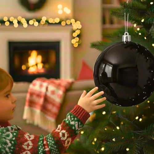Shatchi Black Round Plastic Christmas Bauble Hanging Ornament, 20 cm – 6