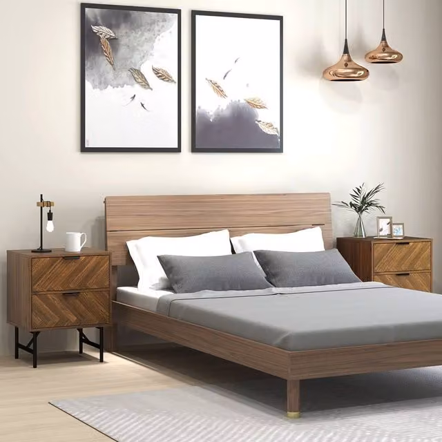 HOMCOM Set of 2 Walnut Bedside Tables with Metal Legs