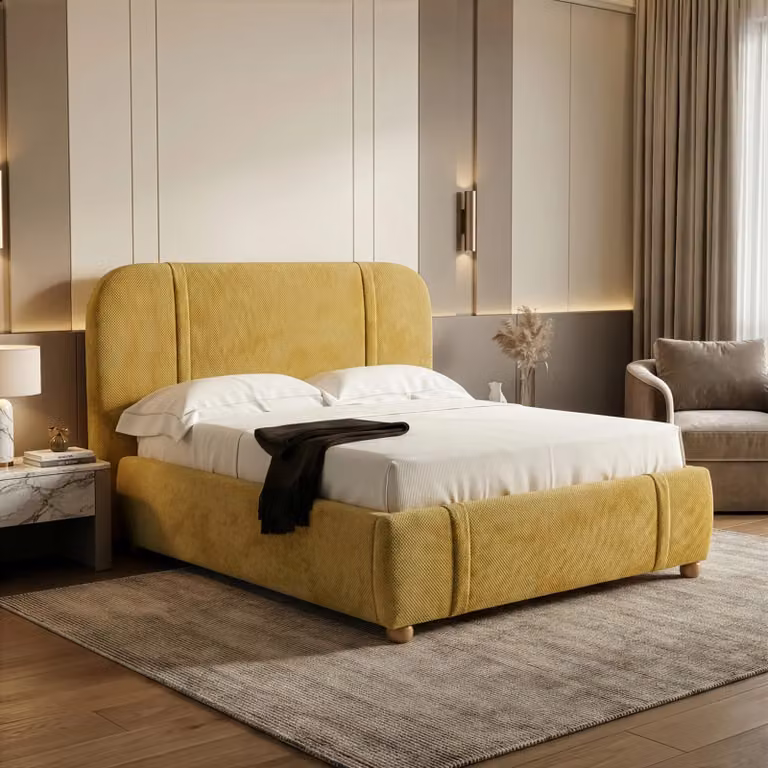 DHS Upholstered Bed Frame with Padded Headboard in Yellow, W/D/H: 180 x 200 cm