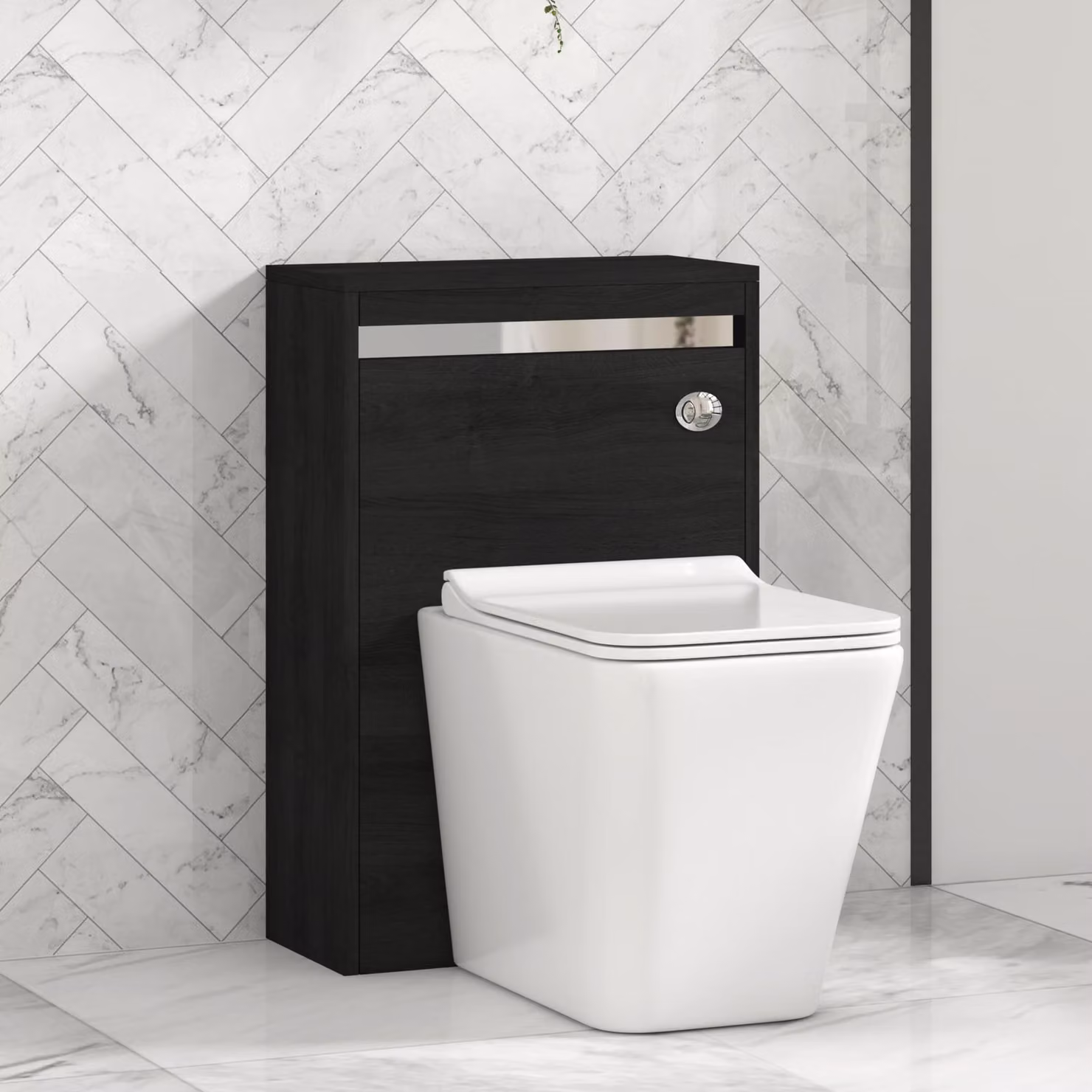 Royal Bathrooms Orion 540mm Hale Black BTW WC Unit with Elena Rimless Ceramic Toilet Pan, Slim Soft Close Seat and Cistern with Chrome Accent Trim