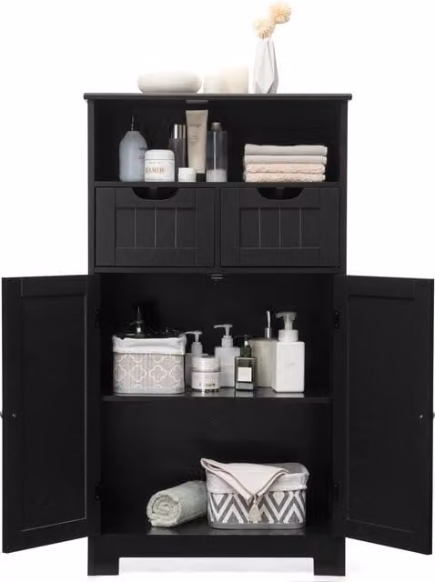 Costway Black Lacquered Wooden Freestanding Cupboard Cabinet with Internal Shelves and Drawers