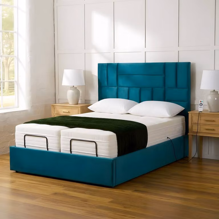 Paradise Beds Ltd Electric Adjustable Panel Mobility Bed with Headboard and Mattress in Beige Velvet, Super King, W/D/H: 200 x 200 cm