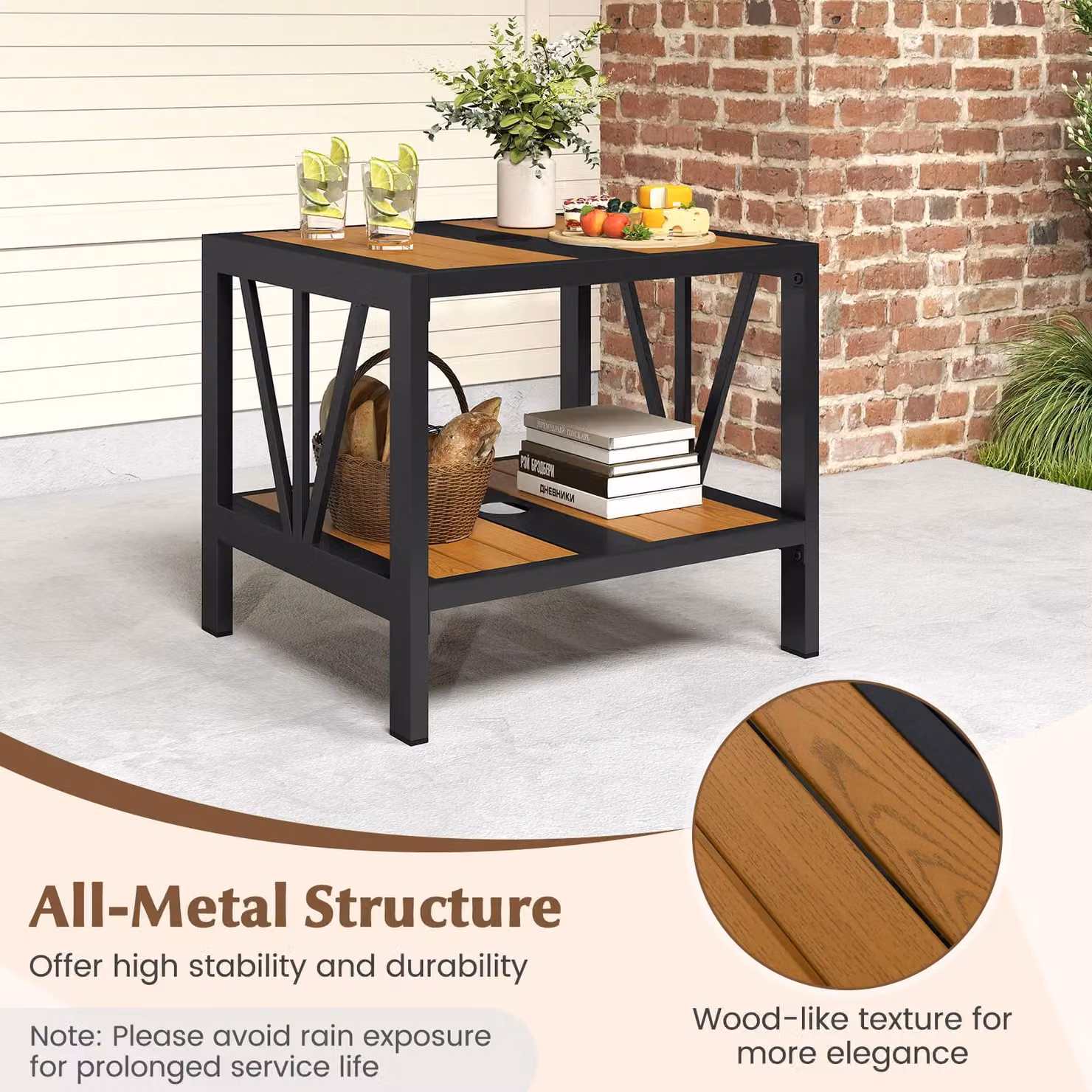 Gymax 2-Tier Metal Small Patio Coffee Table and Garden Side Table in Khaki, W/D/H: 52 x 46 x 45 cm – 8