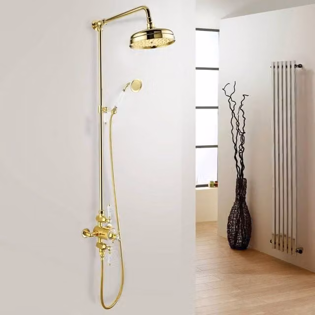 Nes Home Gold Enora Traditional Exposed Thermostatic Shower Set in Gold with Riser Rail and Round Handset