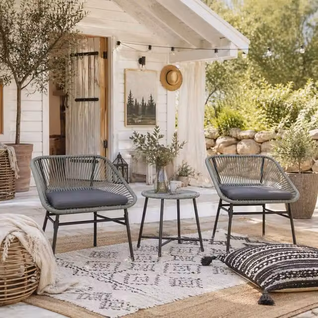 Wyld Haus Sorino 3 Piece Light Grey Rattan Bistro Set with Glass and Steel Table – 1