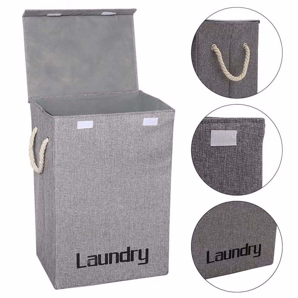 Garden Sanctuary Grey Fabric Folding Laundry Basket Hamper with Lid and Handles – 3
