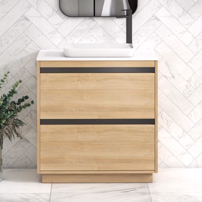 Royal Bathrooms Orion 800mm Natural Oak Floor Standing 2 Drawer Vanity Unit with Qubix Basin and Black Accent Trim