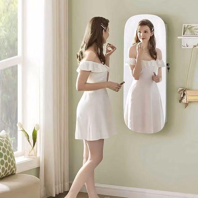 The Bazaarist Lockable LED Mirror Jewellery Cabinet in Laurel Green and Cream White, W/D/H: 42 x 10 x 108 cm