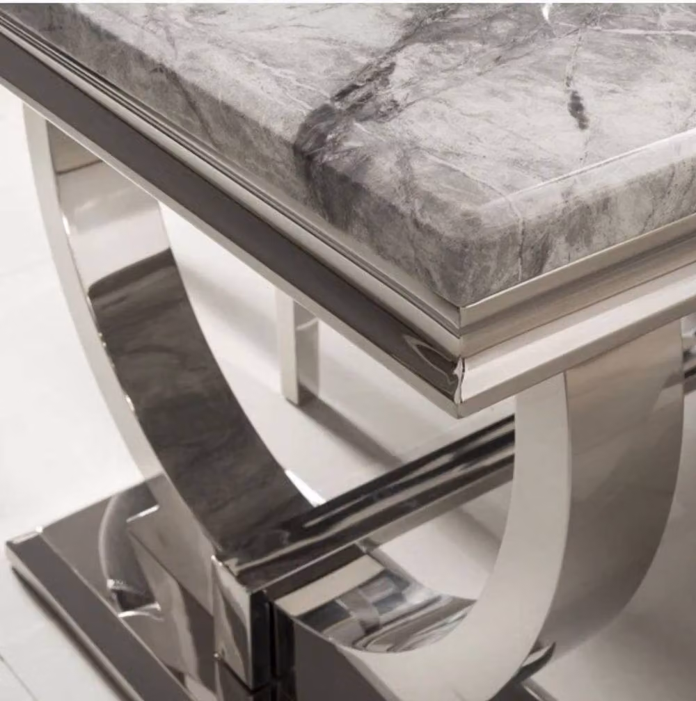 Stratus Interiors Arriana Rectangular Marble Top Dining Table with Central Column Metal Stand in Grey, W/D/H: 180 x 90 x 74 cm – 2
