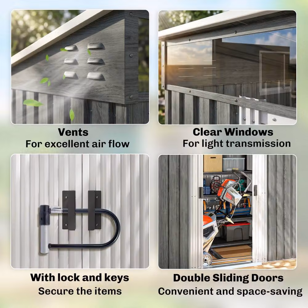 Rolipo Galvanised Metal Shed with Foundation, Window and Sliding Doors, Light Grey, W: 198 cm, D: 200 cm, H: 182 cm – 6
