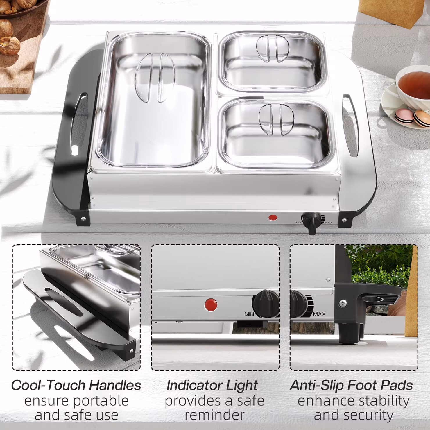 HOMCOM Electric Food Warmer with 4 Trays, 6L Portable Buffet Server and Warming Tray in Silver and Transparent, 200W, 2 x 2.5L and 1 x 1L – 7